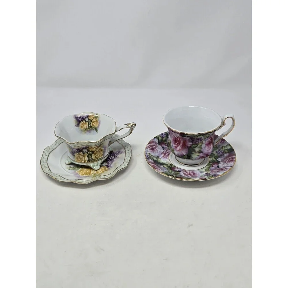 VINTAGE TEA CUP & SAUCER BUNDLE YELLOW PINK ROSES FLORAL BETTY PLATNER